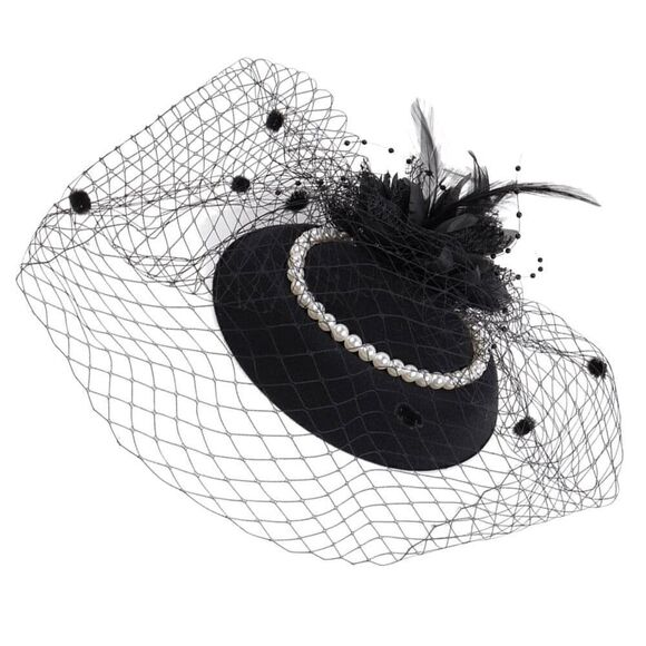 🖤 Pinup Accessory 1950s Retro Vintage Fascinator Black Pillbox Pearl Veil Hat - Picture 9 of 14